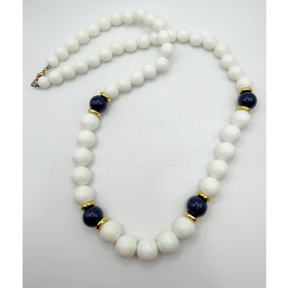 Vintage Navy White Beaded Necklace Gold Accents 27" Classic Statement